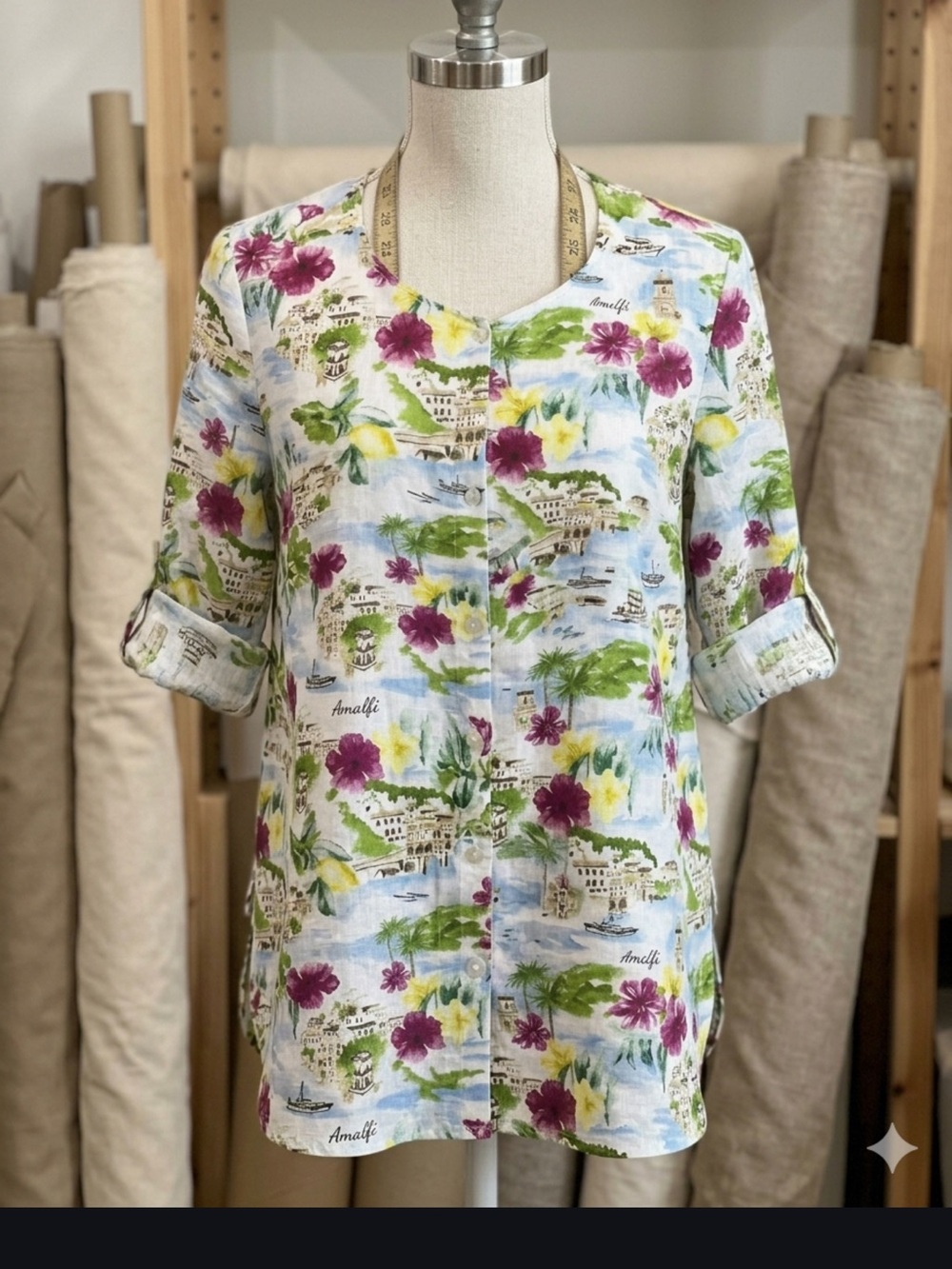Amalfi Printed Button-Down Linen Shirt in White with Purple & Green 3X